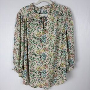 Carolina Belle Women Floral Ruffle Neck Blouse Long Sleeve Smocked Cuffs Size 2X